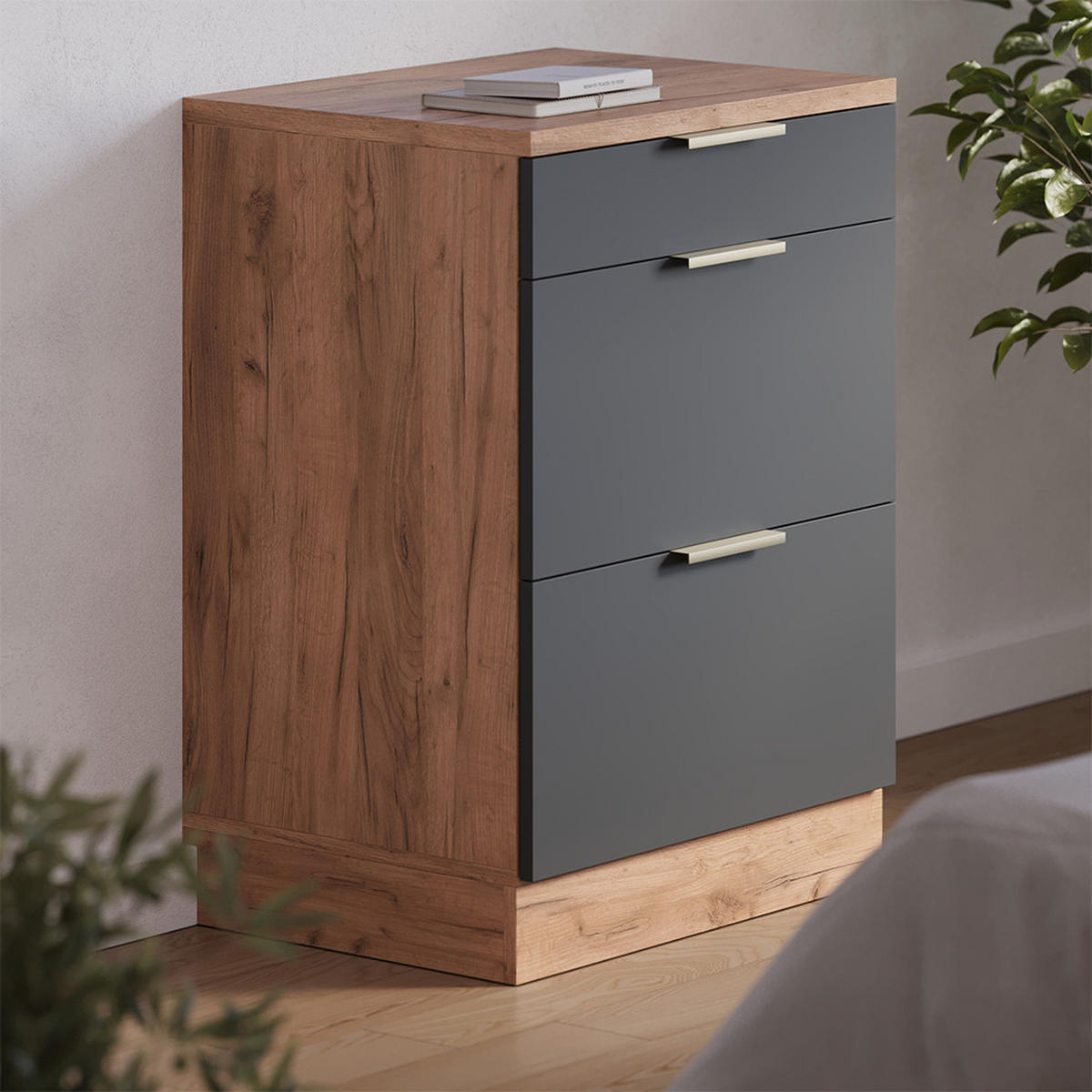 KUHINJSKA OMARA ZA POŠEVNE STREHE R-Line, Antracitno-zlata, 60 cm brez naklona z 3 predaloma - medeni hrast/antracit, leseni material (60/83.8/46cm) - Vicco