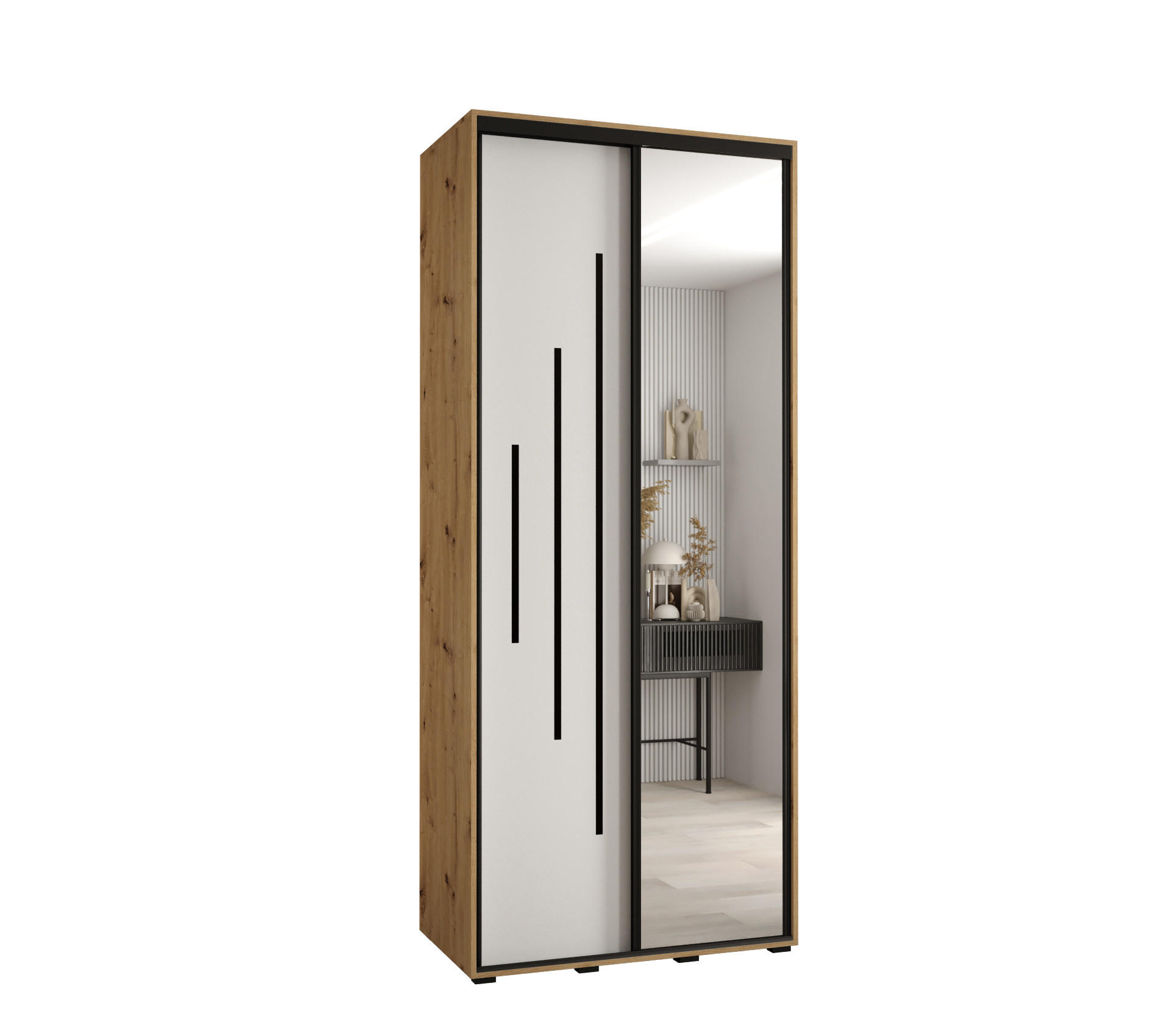 Abiks Möbel Schwebetürenschrank Eiche Artisan, Weiß, Schwarz 120x235x45 cm