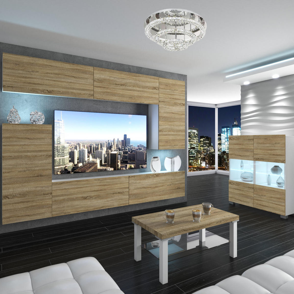 WOHNZIMMERWAND Schrankwand mit LED Sonoma Eiche - Beige, Holz (250/180/36cm) - B BELINI GROUP