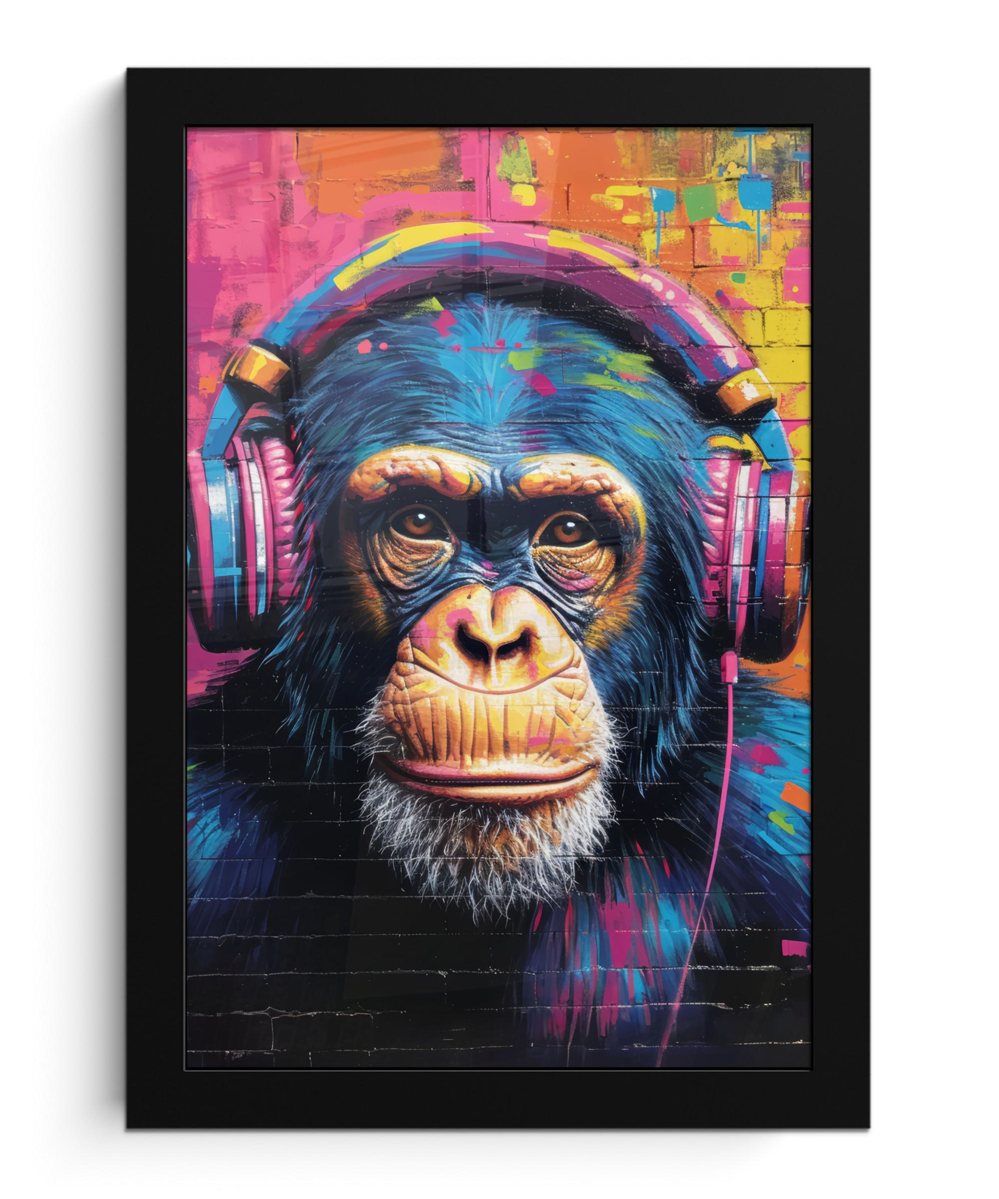 GERAHMTES BILD Graffiti - Schimpanse - Straßenkunst - Kopfhörer - Affe 20x30 cm - Blau, Papier (20/30cm) - MuchoWow