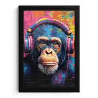 GERAHMTES BILD Graffiti - Schimpanse - Straßenkunst - Kopfhörer - Affe 20x30 cm - Blau, Papier (20/30cm) - MuchoWow