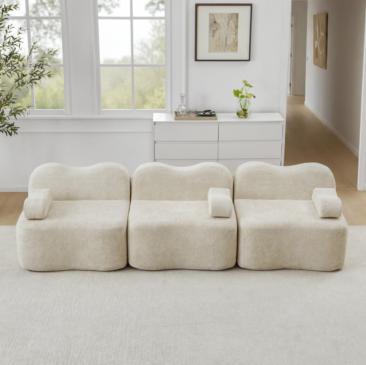 SOFA modular mit tiefer Sitzfläche Samt Beige - Beige, Holzwerkstoff (98/70/288cm) - Meubliv