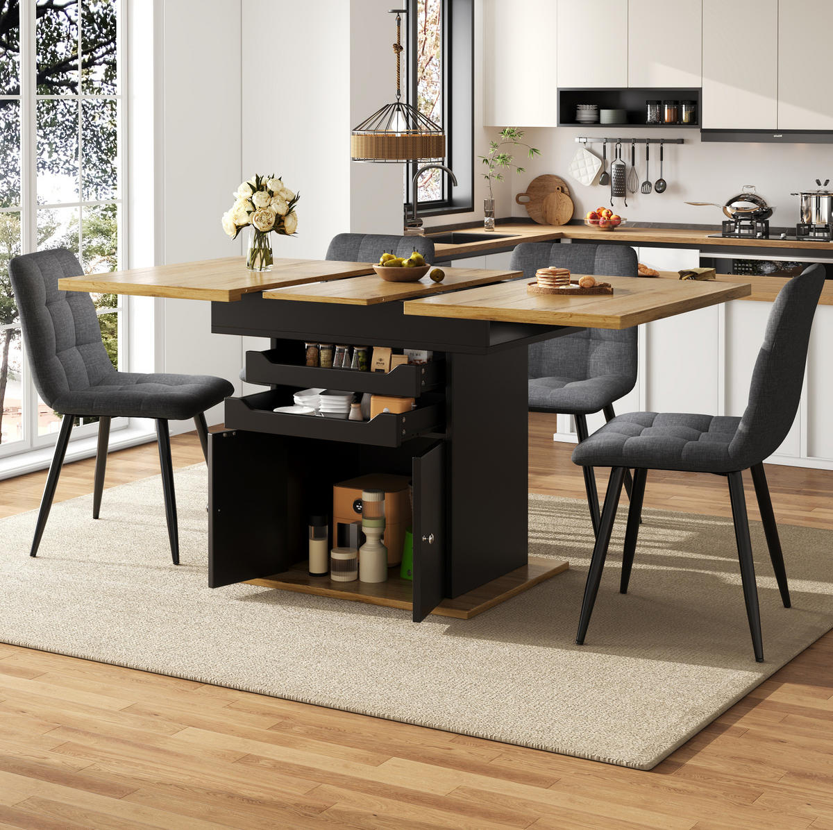 AUSZIEHTISCH 110/140/80 cm Schwarz mit Stauraum Soft-Close aus MDF - Schwarz, Holzwerkstoff (110/80/76cm) - OKWISH