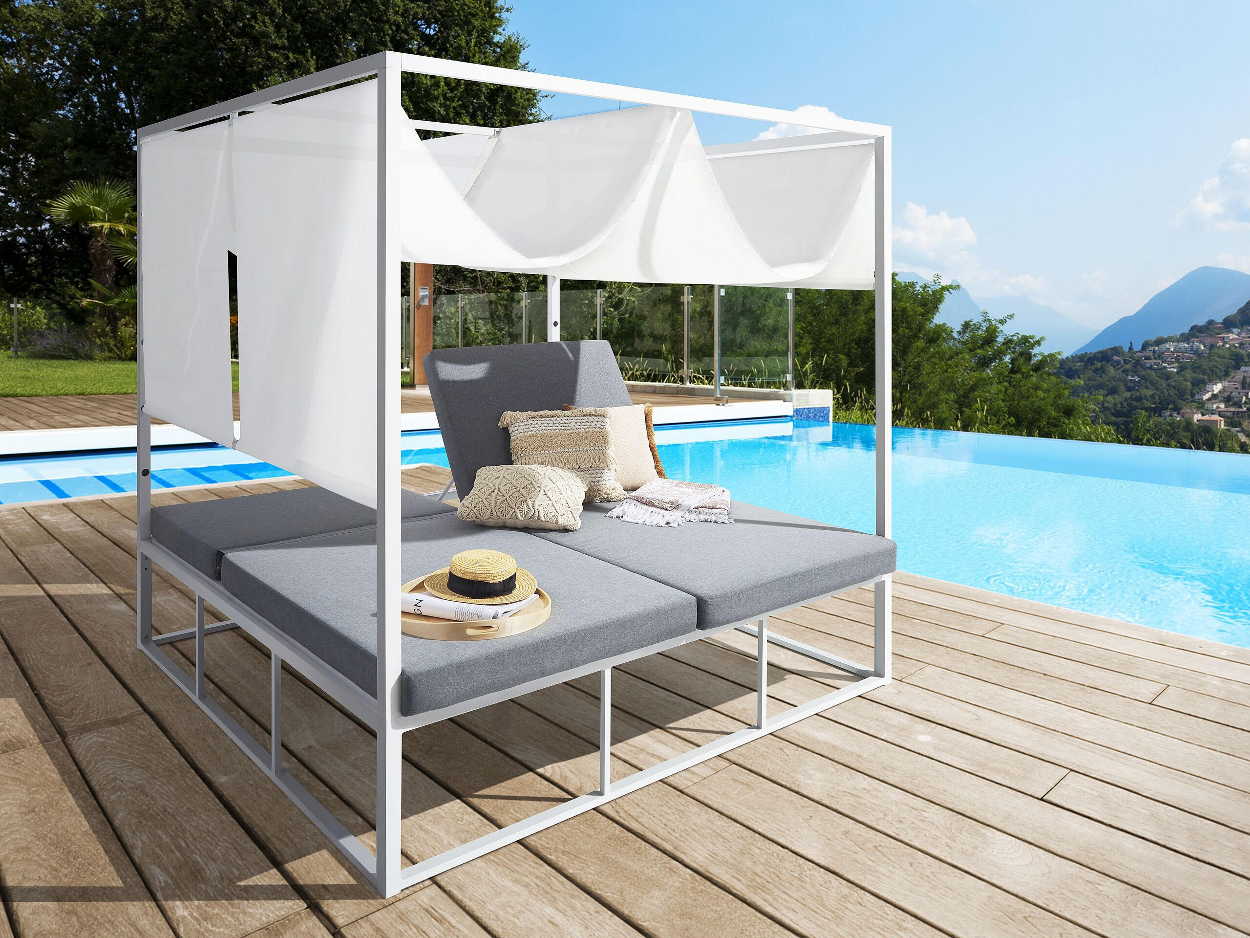 SONNENBETT mit Sonnendach Aluminium weiß Auflagen grau verstellbar PALLANZA - Weiß/Grau, Metall (195/196/196cm)