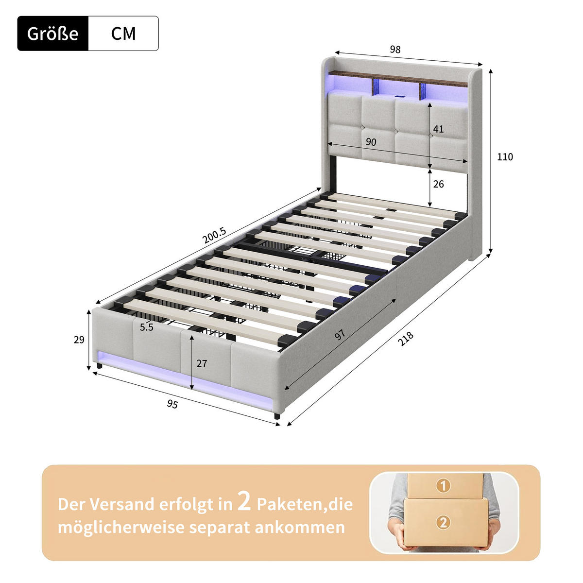 POLSTERBETT 90x200 cm Beige mit LED, 2 Schubladen, Kopfteil mit Ablage und Stauraum - Beige, Metall (90/200cm) - EuroLiving