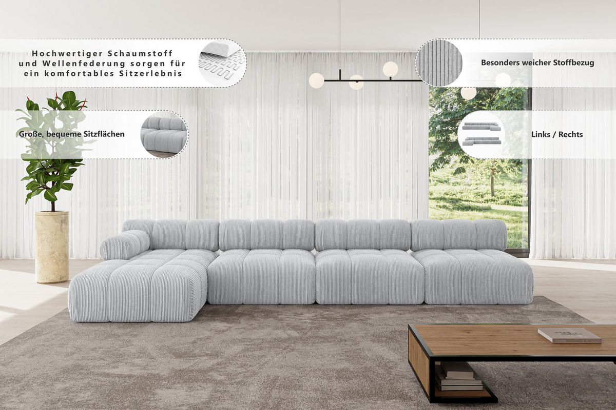 ECKSOFA modulares Sofa Razon-L3 - 380x160x70 cm Grau Bouclé - Grau, Holzwerkstoff/Textil (380/160cm) - ALTDECOR