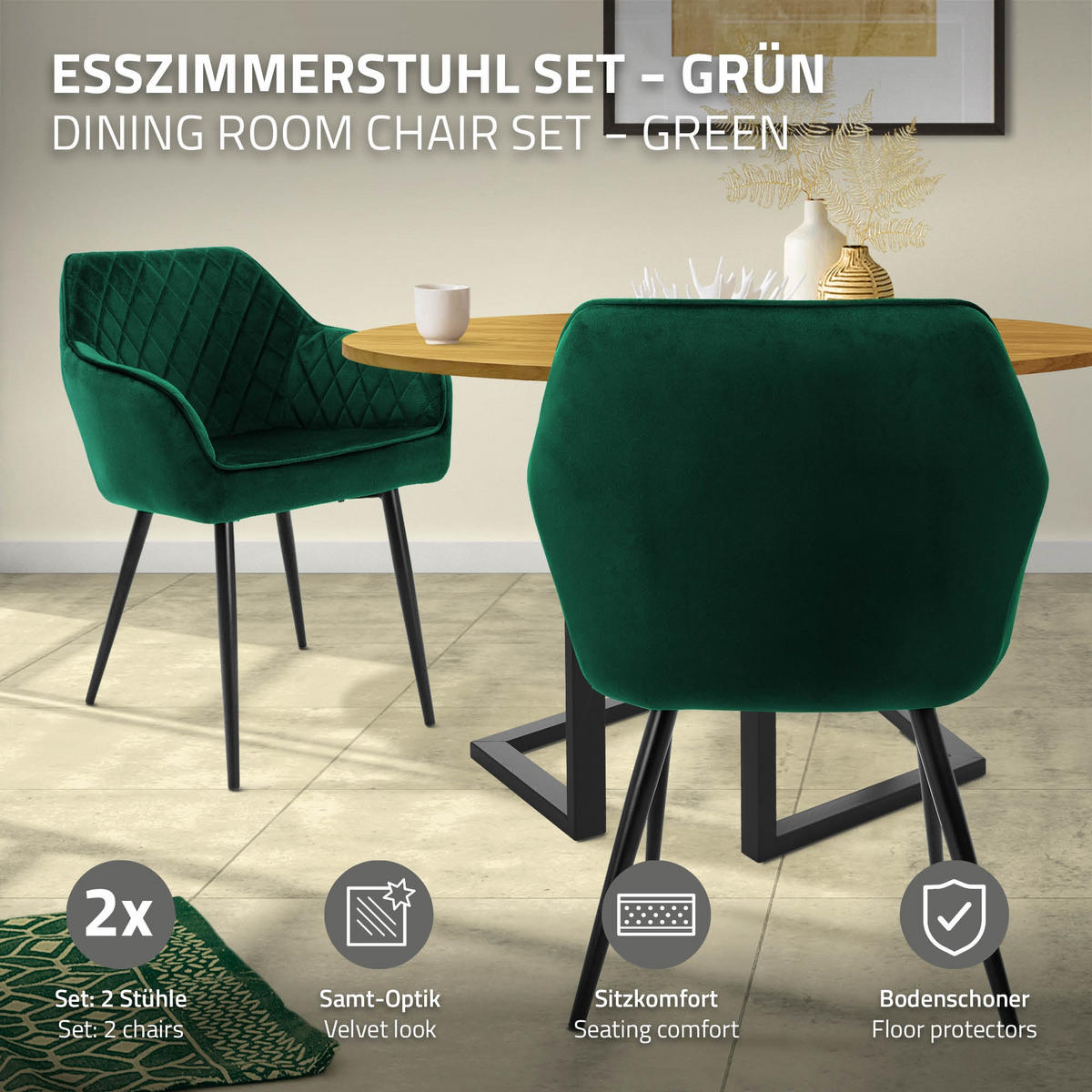 ESSZIMMERSTUHL 6er Set Dunkelgrün Samt - Dunkelgrün/Schwarz, Textil/Metall (63/80/60cm) - ML-DESIGN