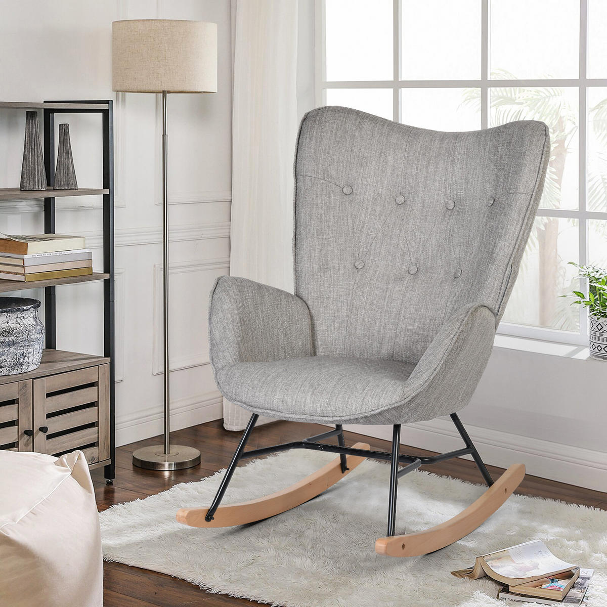 SCHAUKELSTUHL aus grauem Stoff im skandinavischen Stil, für Wohnzimmer und Schlafzimmer - Hellgrau, Holz/Textil (68/98/85cm) - Meubles Cosy