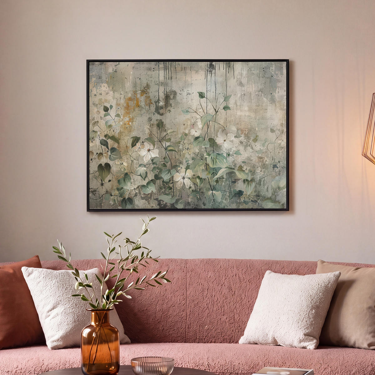 LEINWAND Bilder mit Rahmen - Blumen - Blätter - Abstrakt - Modern - 80x60 - Grau, Textil (80/60cm) - MuchoWow