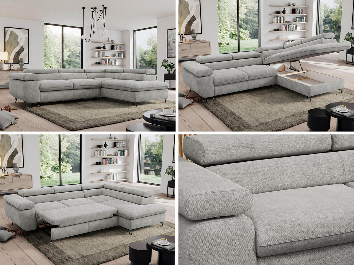 ECKSOFA PEDRO L Hellgrau Struktur - Rechts Seite - Hellgrau/Schwarz, Textil/Metall (273/208cm) - MKS
