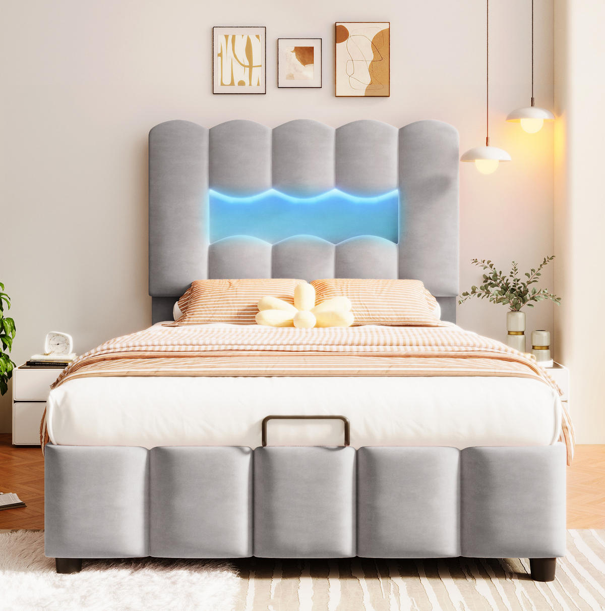 POLSTERBETT mit Stauraum und LED-Beleuchtung 90x200 cm Samt Grau - Grau, Metall (90/200cm) - Beauniv