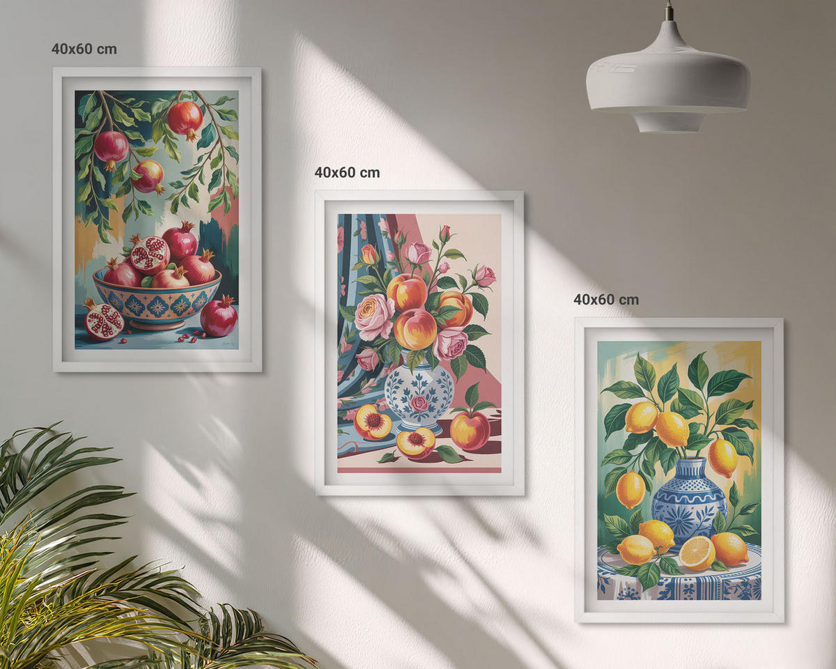 BILDER SET 3er Set - 40x60 cm Weißer Rahmen - Blumen und Früchte in Vasen - Weiß, Kunststoff (40/60cm) - TULUP
