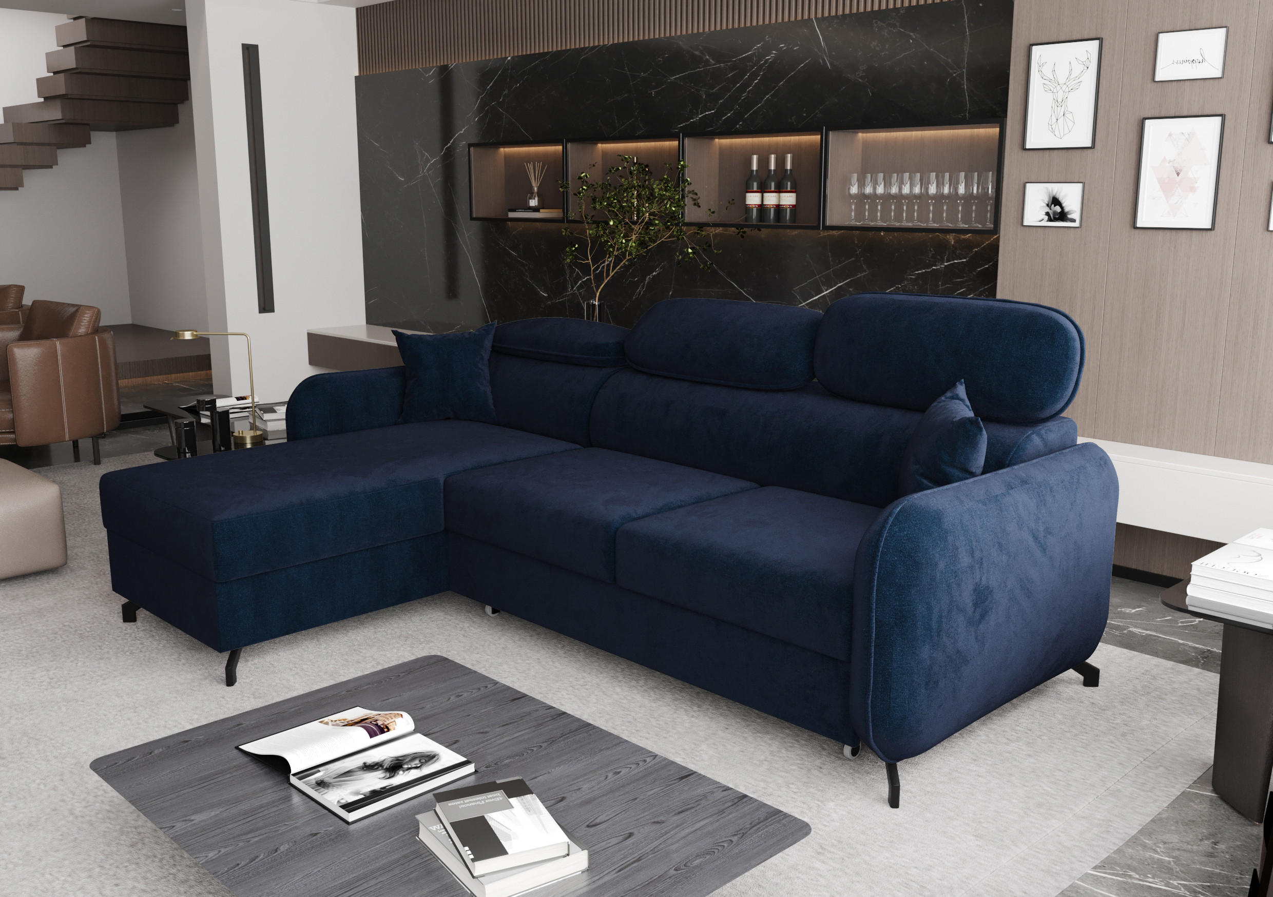 ECKSOFA L Form Ribella 5 Blau 265/180/100 cm Links mit Schlaffunktion - Schwarz/Dunkelblau, Textil/Metall (180/265cm) - AX Living
