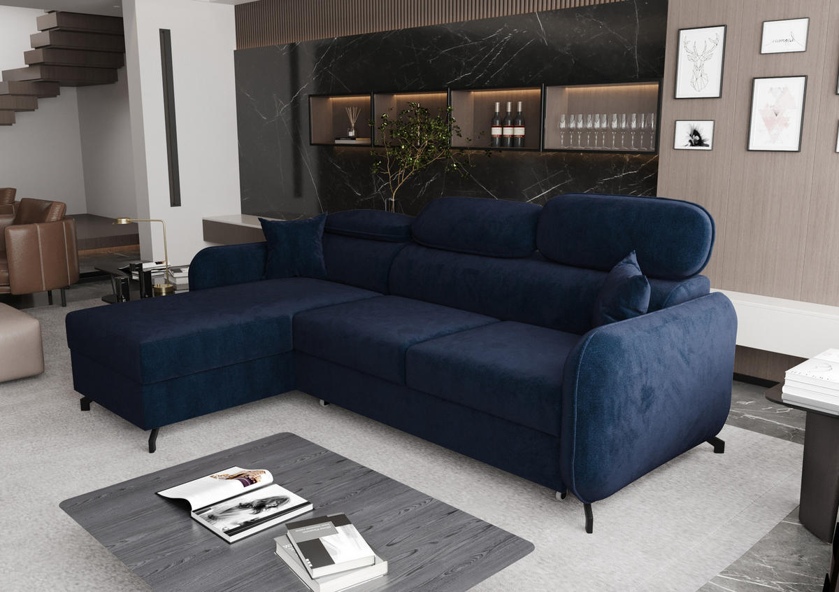 ECKSOFA L Form Ribella 5 Blau 265/180/100 cm Links mit Schlaffunktion - Schwarz/Dunkelblau, Textil/Metall (180/265cm) - AX Living