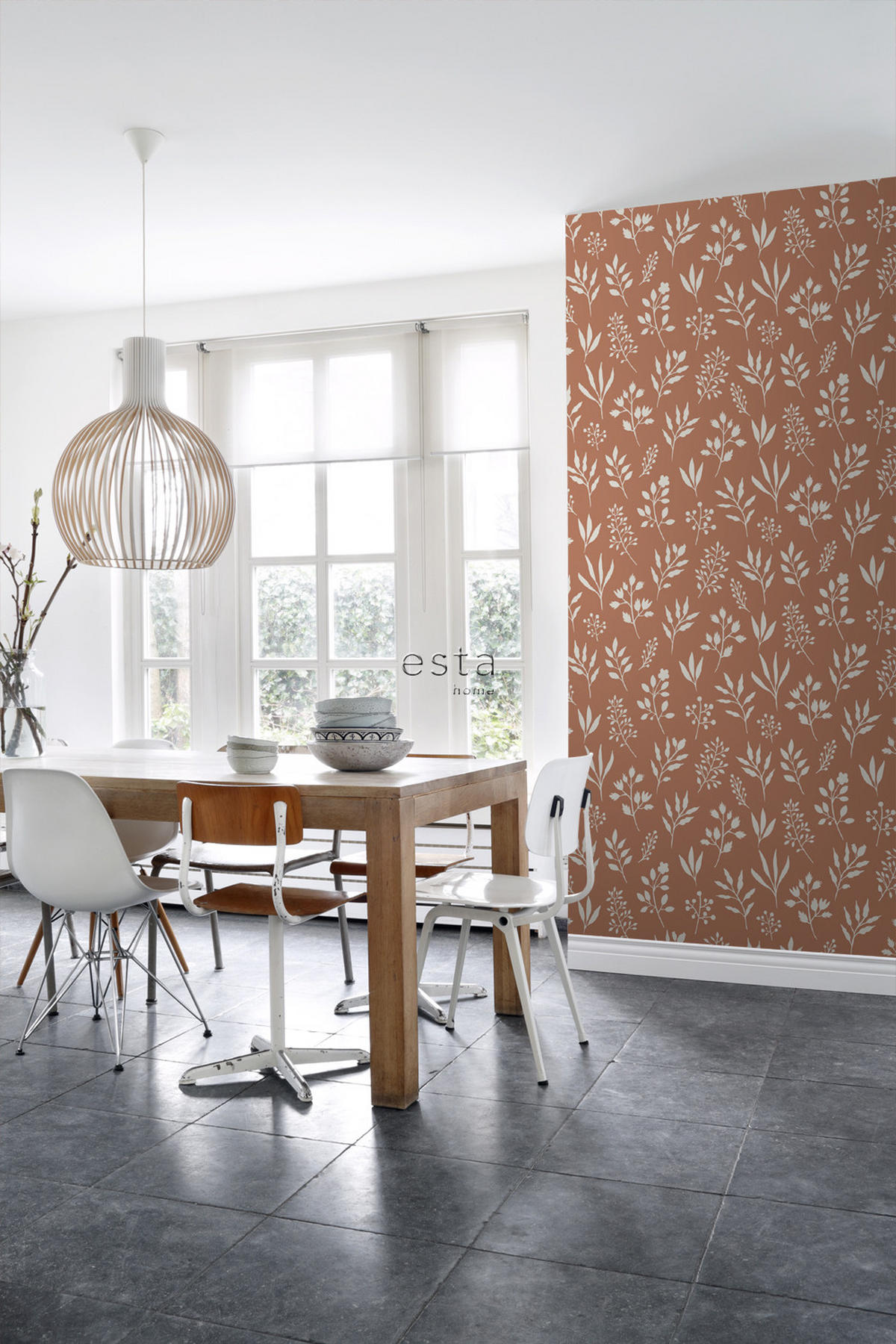TAPETE Blumenmuster im skandinavischen Stil 53 cm x 10.05 m - Orange, Papier (53/1000cm) - ESTAhome
