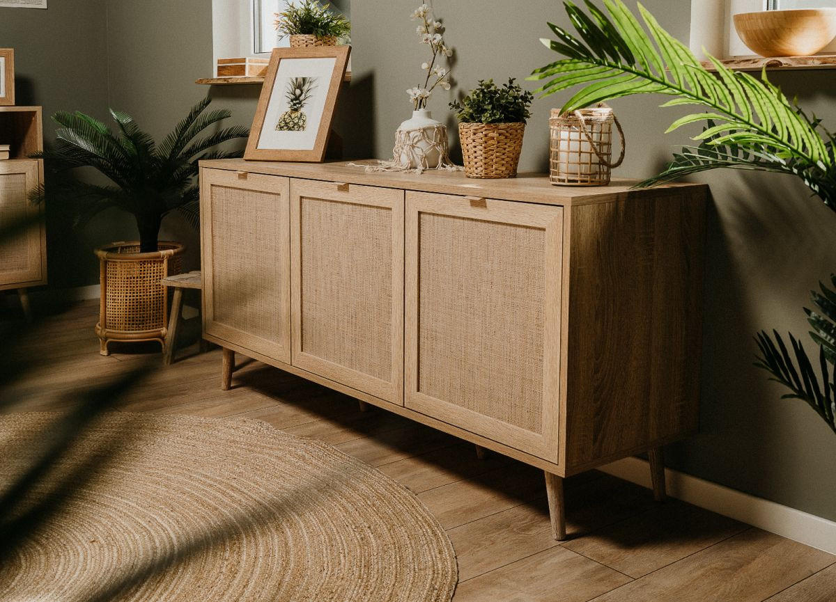 SIDEBOARD Eiche Sonoma, Bast-Dekor 150 cm, Kommode skandinavisch - Eichefarben, Holz/Holzwerkstoff (150/71/40cm) - Furn.Design