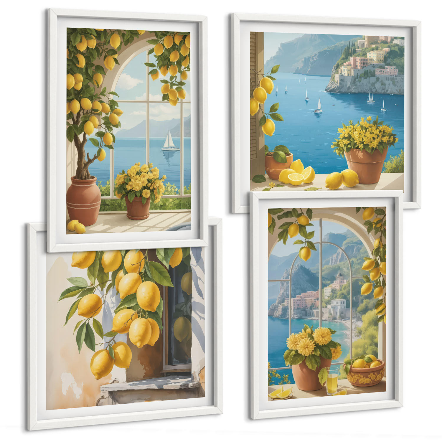 BILDER SET 4er Set - 50x50 cm & 40x60 cm Weißer Rahmen - Meereslandschaften, Zitronen, Fenster - Weiß, Kunststoff (50/50cm) - TULUP