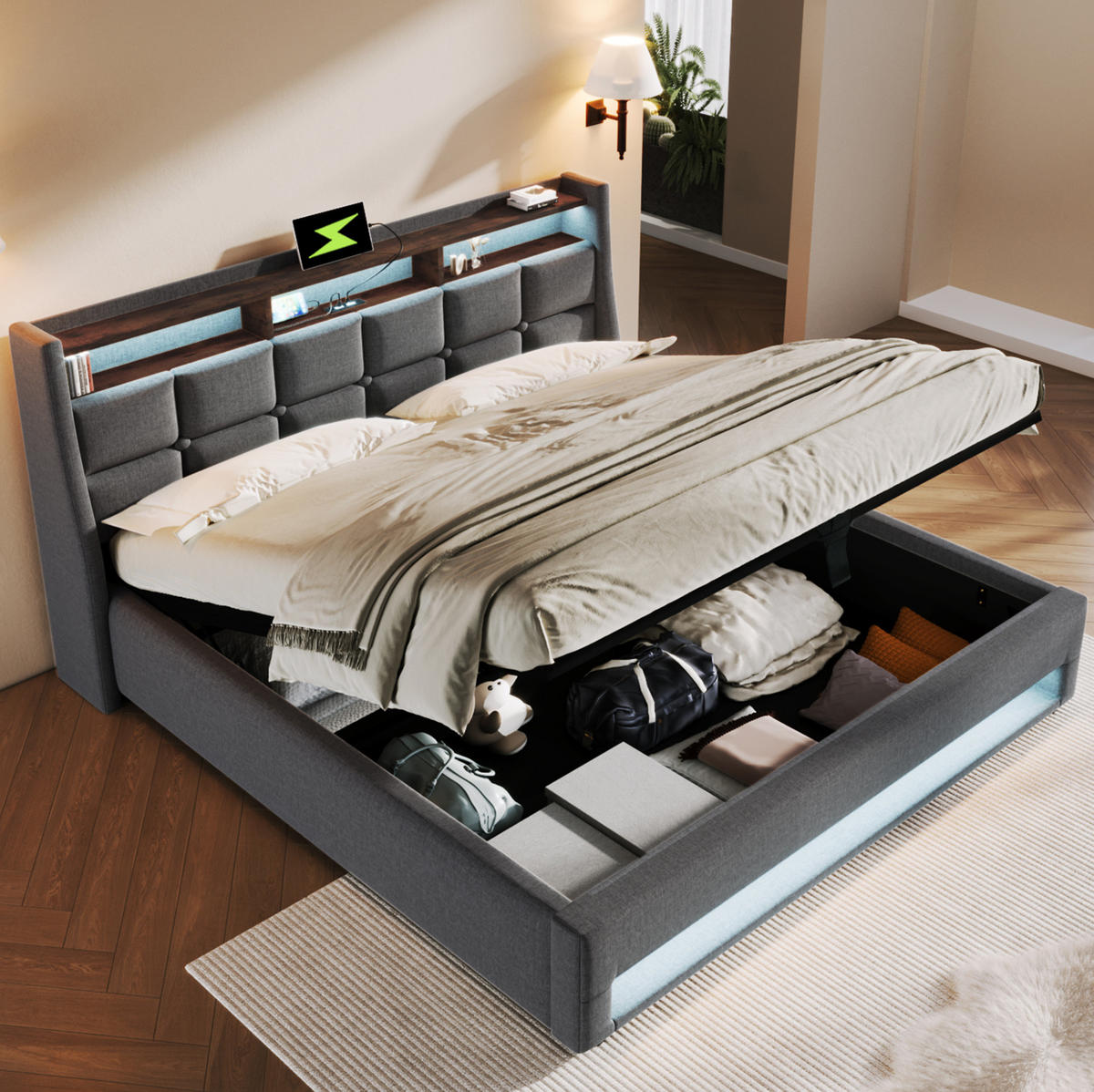 BETT mit USB und LED 140x200 cm Leinen Grau - Grau, Metall (140/200cm) - Meubliv