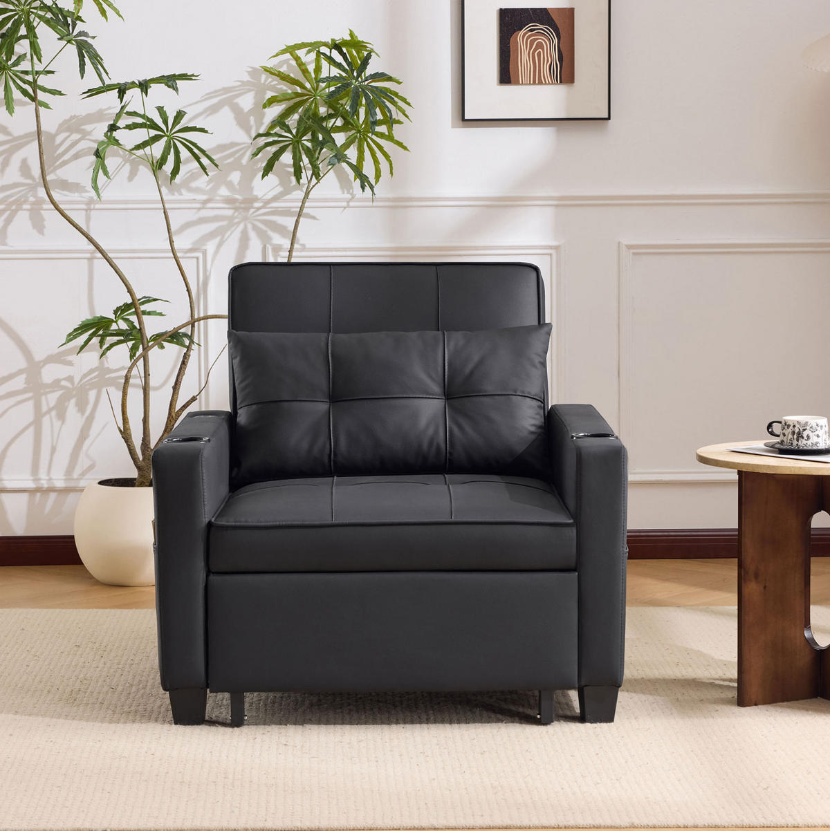 SESSEL 3-in-1 ausziehbar Schwarz mit Liegefunktion - Schwarz, Holz (87/84/74cm) - Meubliv