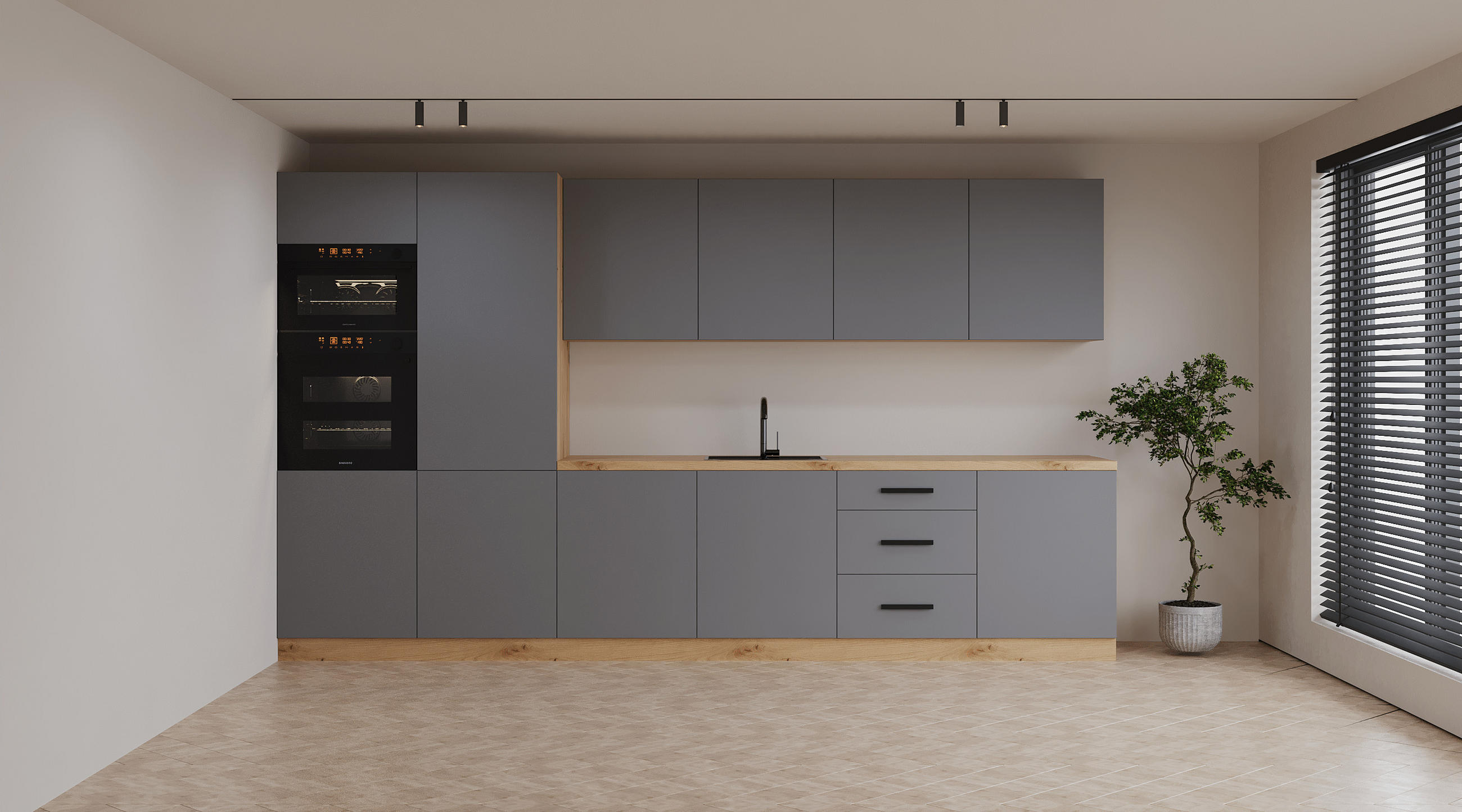 KÜCHENZEILE 360 cm - Langen K109-M360 - in Beige / Matt - Beige/Schwarz, Holz/Holzwerkstoff (360/212/60cm)