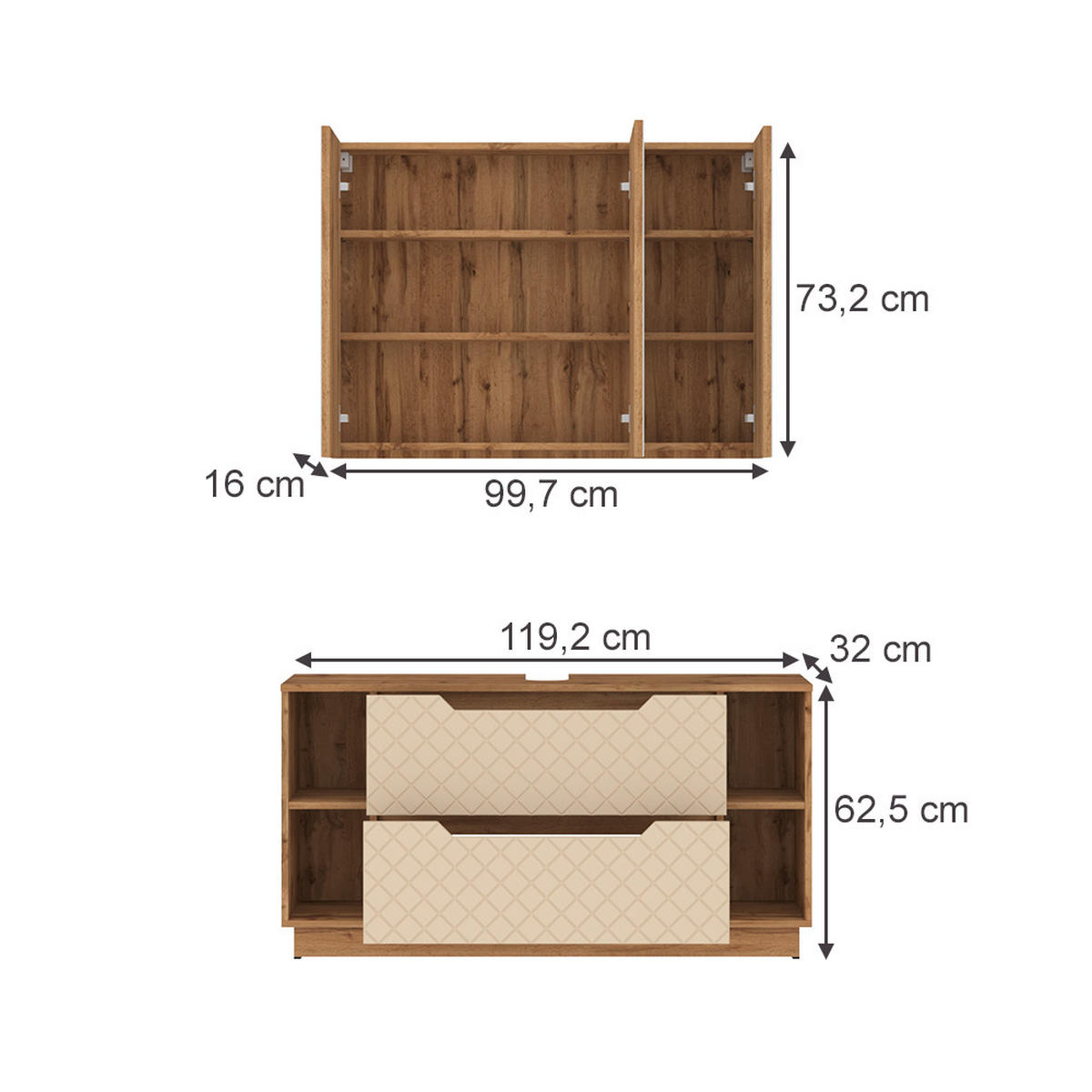 BADMÖBEL-SET Lotta Eiche/Kaschmir mit Kachelstruktur 2 Teile - Kaschmir/Eichefarben, Holzwerkstoff (119.2/62.5/35cm) - Vicco