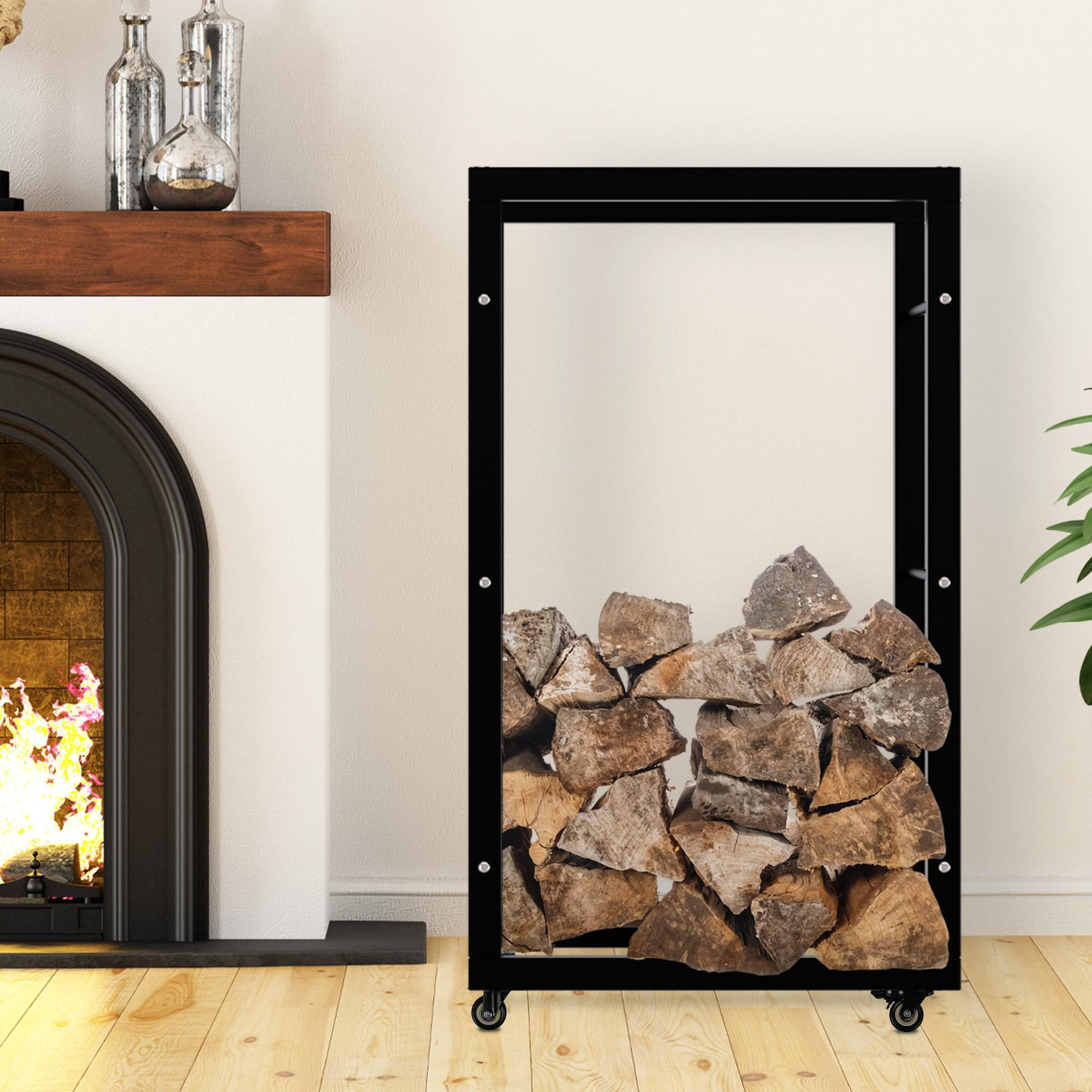 KAMINHOLZREGAL innen Metall SATLO Kaminholzständer mit Rollen Schwarz 25x60x100 cm - Schwarz, Metall (60/100/25cm) - DELUKE