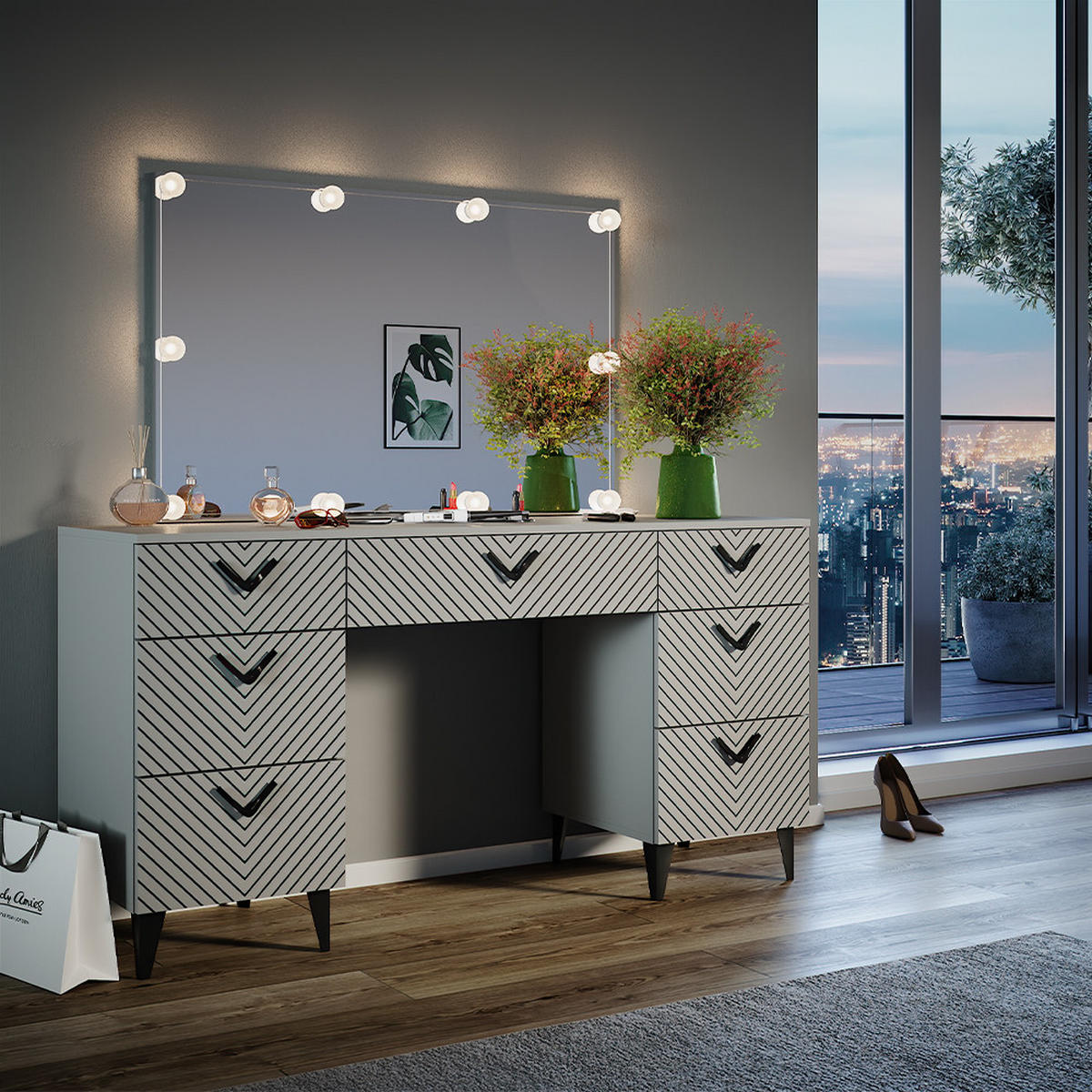 SCHMINKTISCH Anett Grau 150 cm mit LED Beleuchtung - Grau, Holzwerkstoff (150/78.1/45cm) - Vicco