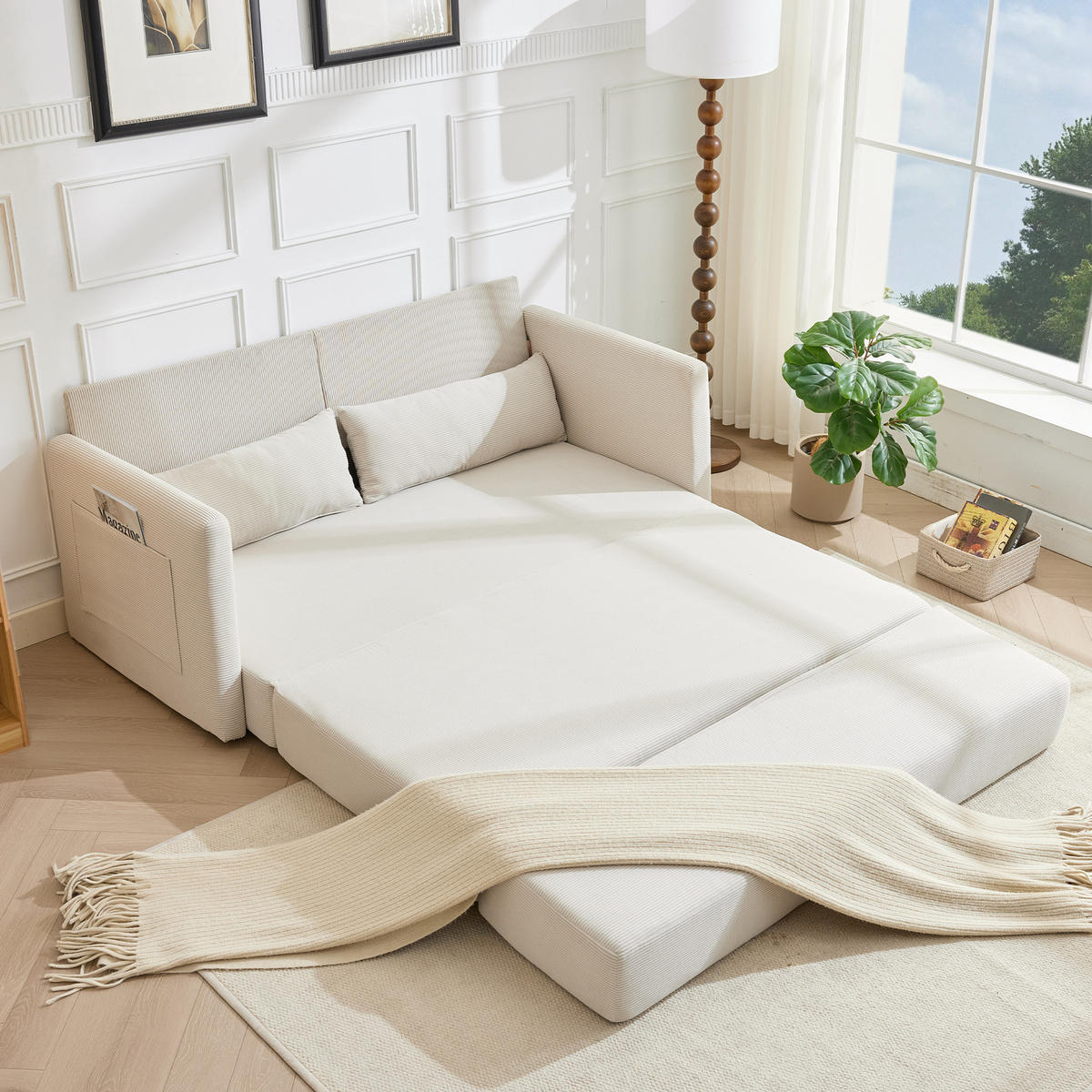 2-SITZER SCHLAFSOFA 2-Sitzer Cord Beige mit 2 Lendenkissen und Magazintaschen - Beige, Holzwerkstoff/Textil (165/67/212cm) - WISHDOR
