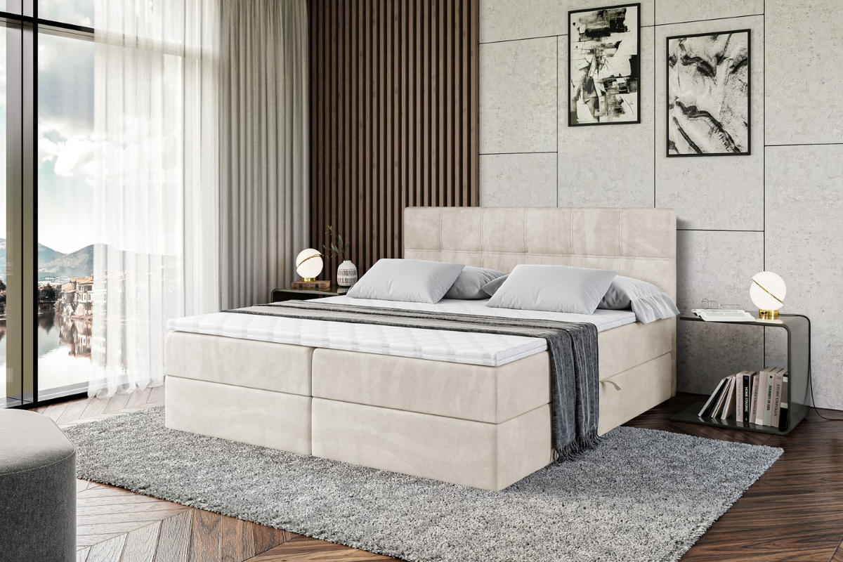BOXBETT mit Matratze H3 und Lattenrost - MARCE - 160 x 200 cm - Beige - Creme, Holzwerkstoff (160/200cm) - ALTDECOR