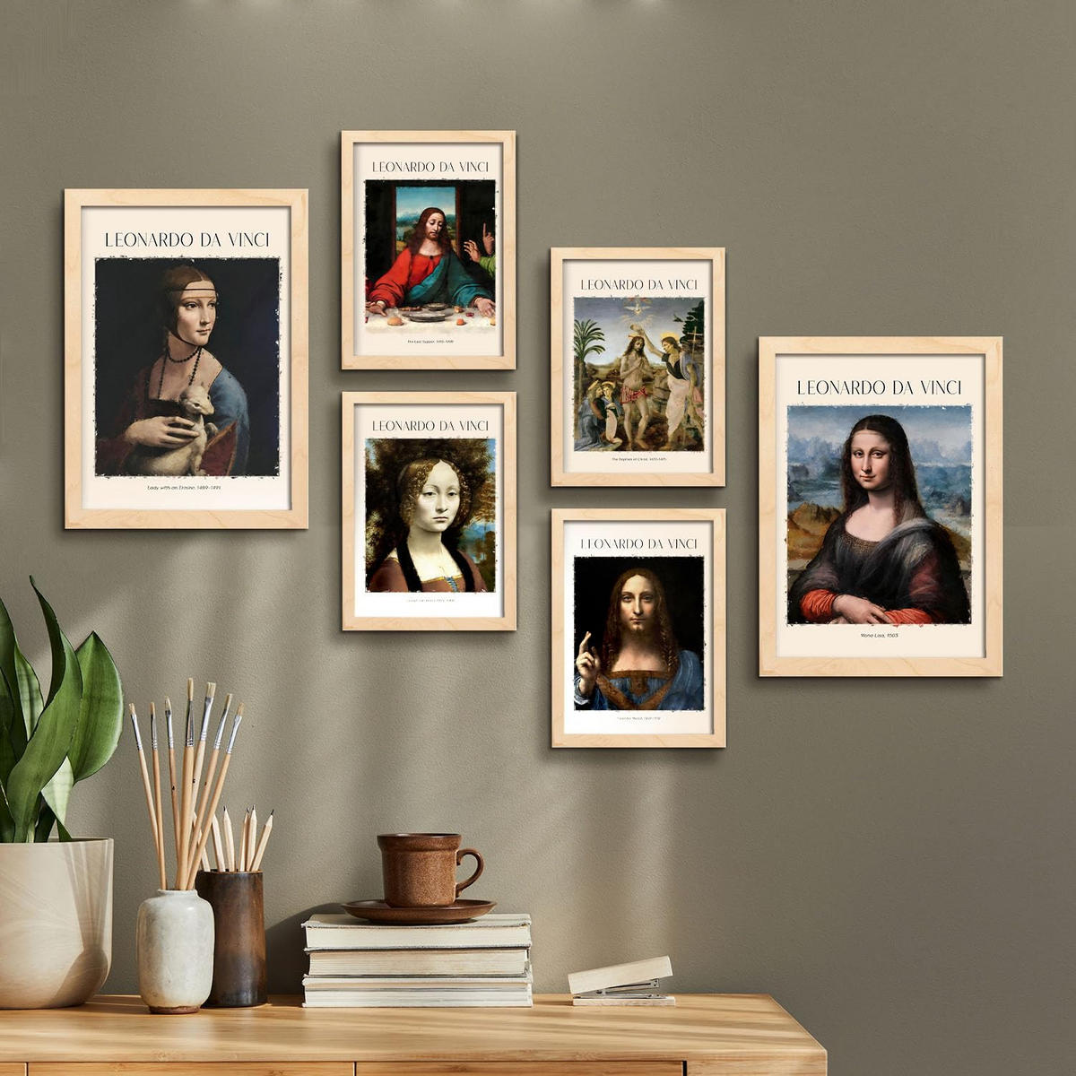 POSTER Set Mit 6 Da Vinci Malergalerie Dekorative Gemälde Für Ihr Wohnzimmer Schlafzimmer Zuhause Wandkunstdrucke A3 & A4 Rahmen Aus Hellem Holz - Beige, Papier (29/3cm) - Nacnic