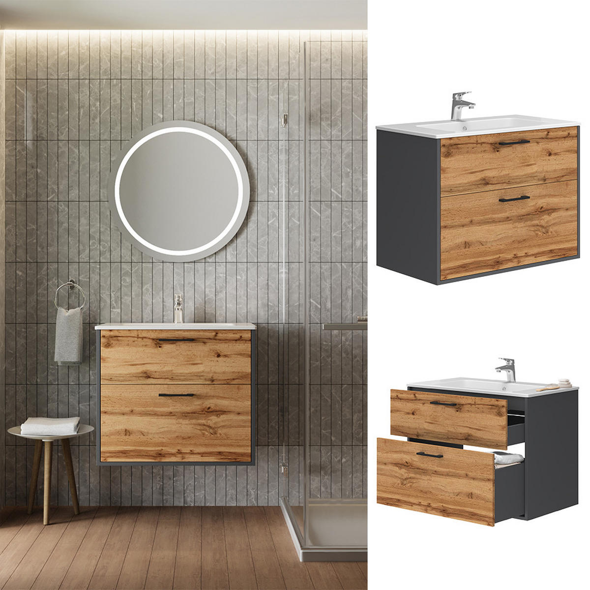 WASCHBECKENUNTERSCHRANK Lanco Anthrazit/Goldkraft Eiche 80 x 61.5 cm mit Waschbecken - Honigeiche/Anthrazit, Holzwerkstoff (80/61.5/45.5cm) - Vicco