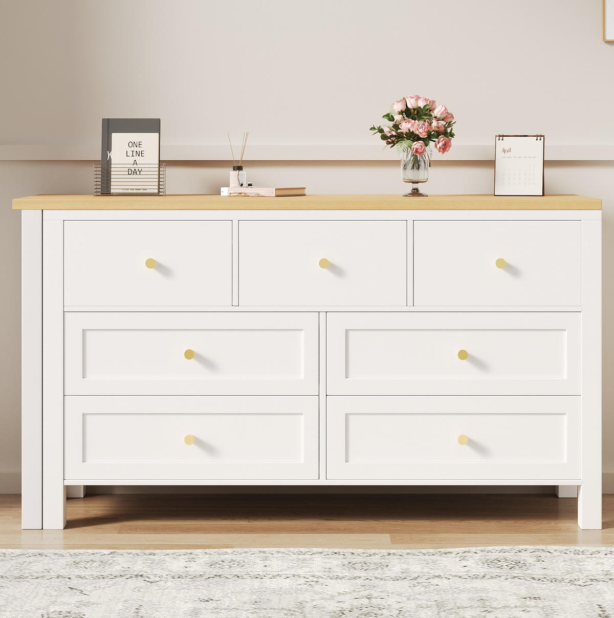 SCHREIBTISCH aus Spanplatte 120x40x70 cm Eichenoptik/Weiß mit 360° drehbarer Tischplatte und 7 Schubladen - Weiß, Holzwerkstoff (120/70/40cm) - IVMEU