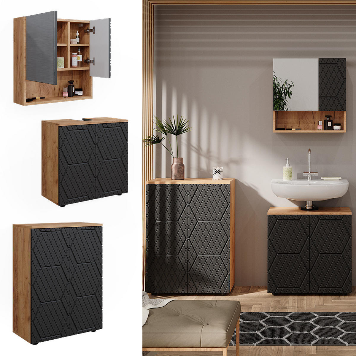 BADMÖBEL-SET Irma Anthrazit gestreift 3 Teile, mit Unterschrank 60 cm - Honigeiche/Anthrazit, Holzwerkstoff (80/58.6/41cm) - Vicco