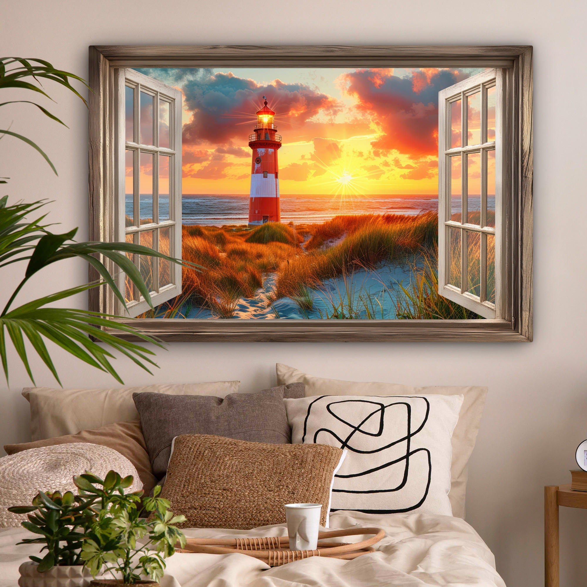 LEINWANDBILD Aussicht - Fenster - Leuchtturm - Sonnenuntergang - Strand XXL 150x100 cm - Dunkelorange, Textil (150/100cm) - MuchoWow