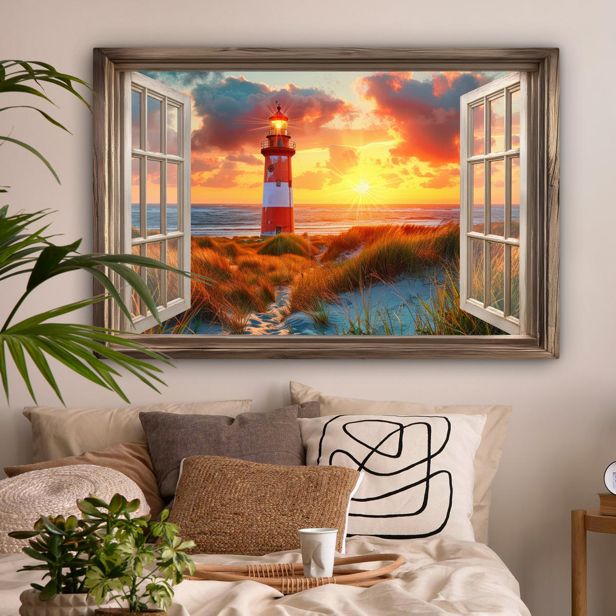 LEINWANDBILD Aussicht - Fenster - Leuchtturm - Sonnenuntergang - Strand Wohnzimmer 120x80 cm - Dunkelorange, Textil (120/80cm) - MuchoWow