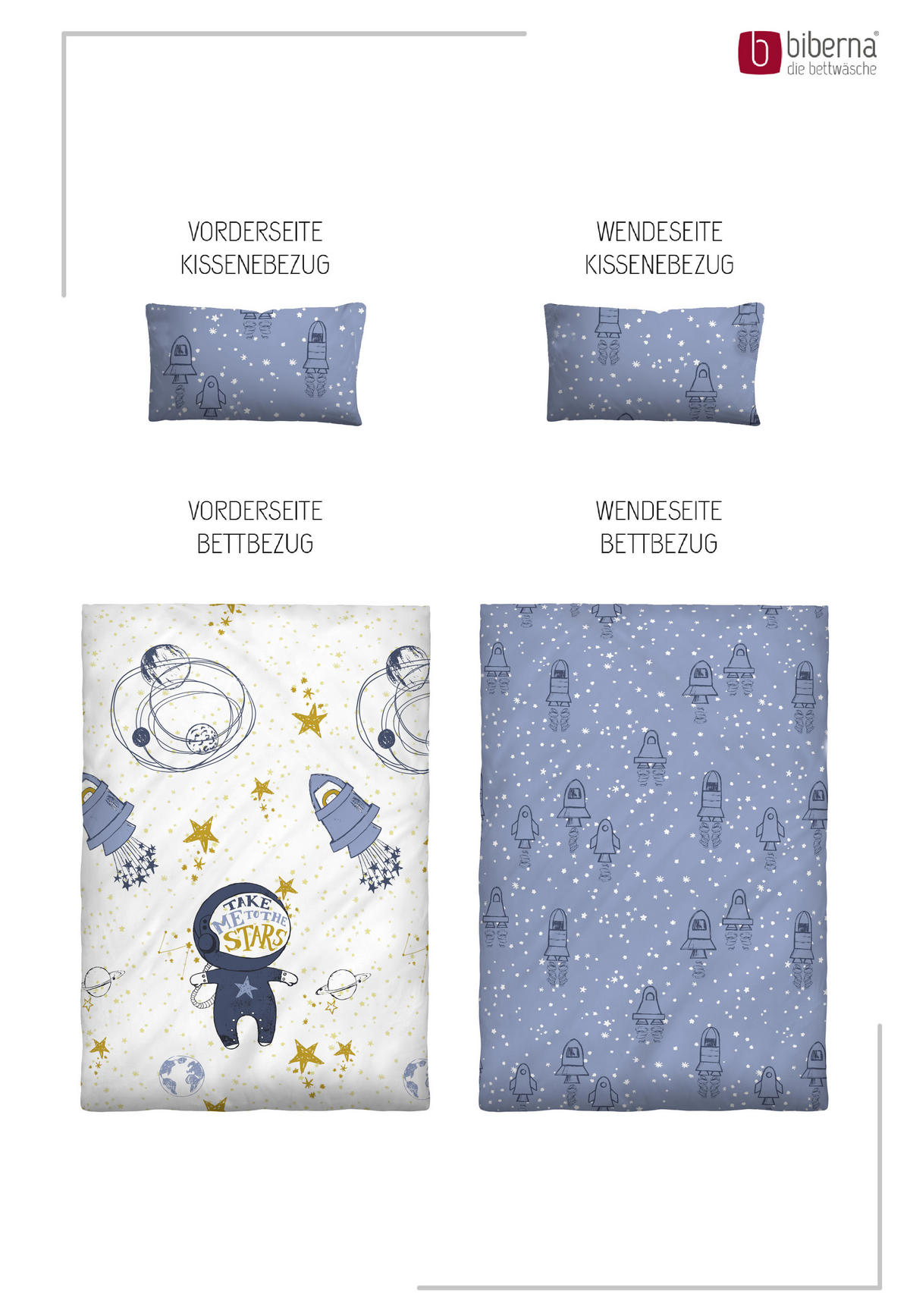 BETTWÄSCHE-GARNITUR Premium Biber Weltraum eisblau, 100x135 cm + 40x60 cm - Hellblau, Textil (100/135cm) - biberna