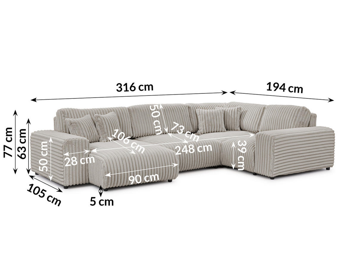 WOHNLANDSCHAFT Mollis Hellgrau Plüschcord im XXL-Format - Ottomane Links - Hellgrau/Schwarz, Holz/Kunststoff (316/77/194cm) - S-Style Möbel
