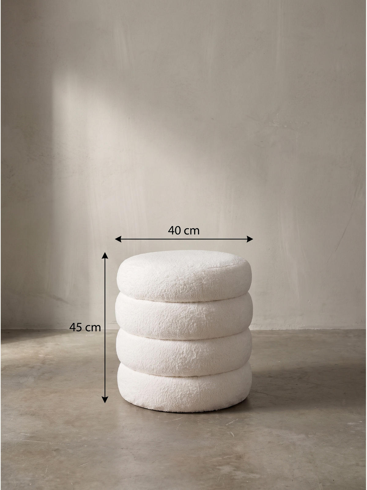 SITZHOCKER RHONE, Teddystoff, mit Textilbezug, Creme, Ø 40 x 45 cm - Beige/Creme, Textil (40/45/40cm) - KADIMA DESIGN