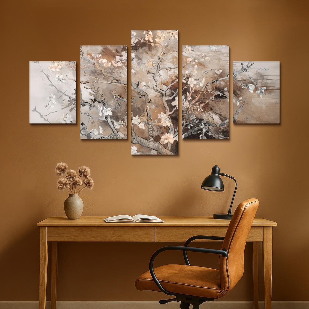 LEINWANDBILD 5er Set Mandelblüte - Abstrakt - Beige 150x80 cm - Beige, Textil (150/80cm) - MuchoWow