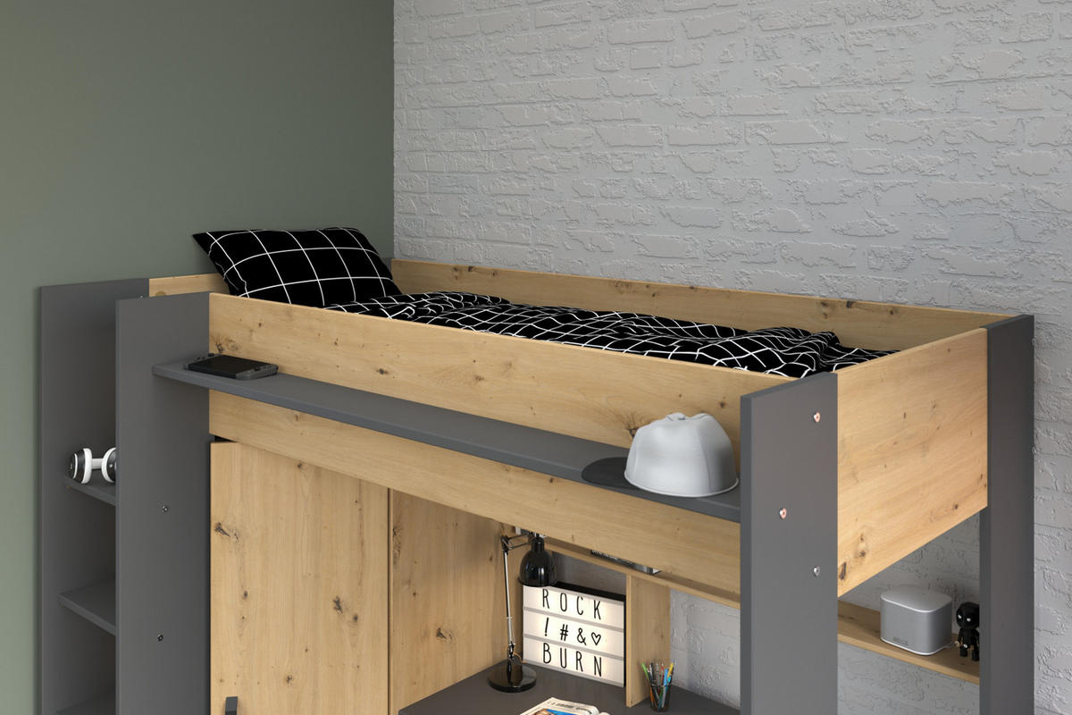 HOCHBETT mit Schreibtisch und Kleiderschrank Bett 90 x 200 cm - Eichefarben/Dunkelgrau, Holzwerkstoff/Kunststoff (90/200cm) - Parisot Meuble