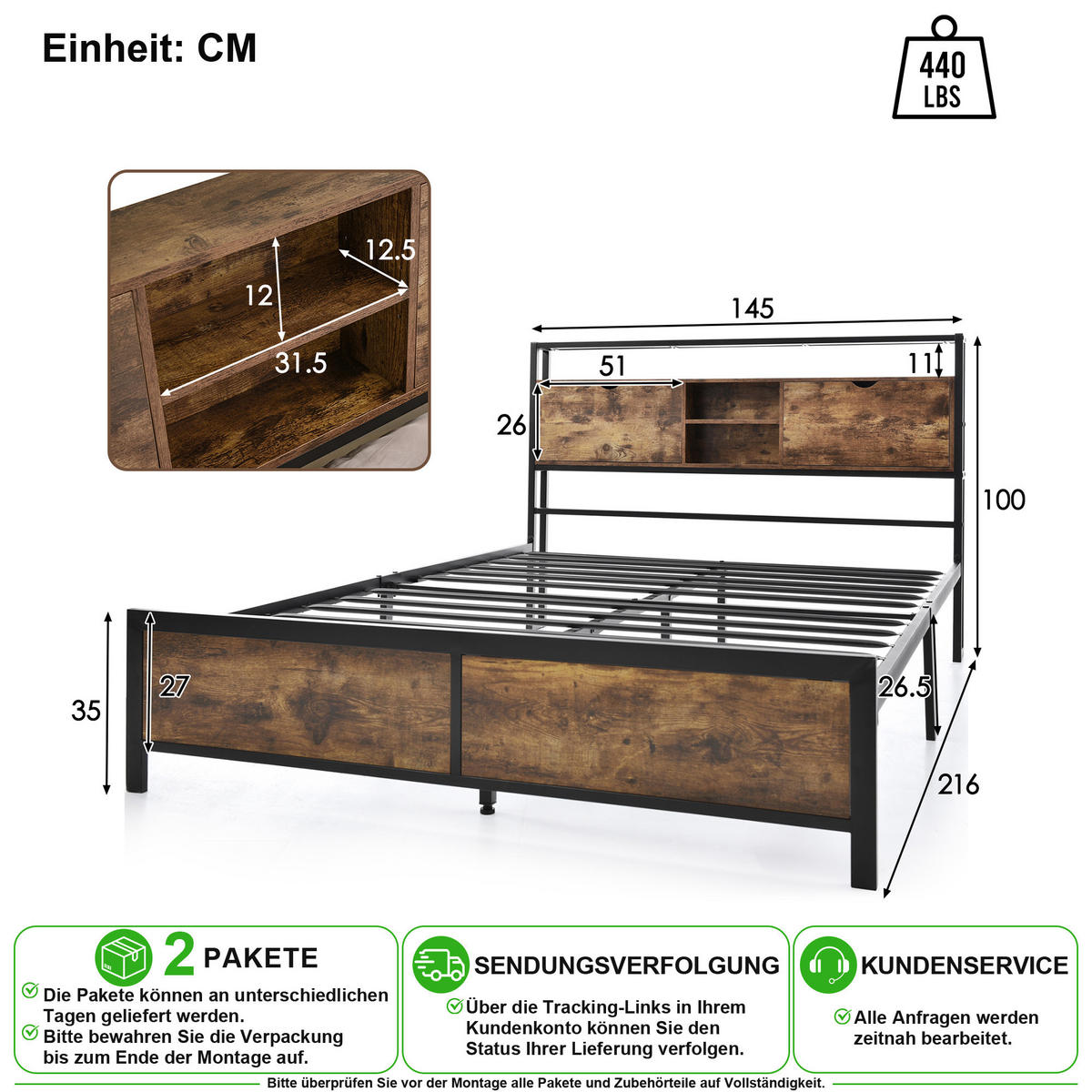 METALLBETT 140/200 cm in Natur mit Stauraum-Kopfteil und Ablage - Braun, Holzwerkstoff/Metall (140/200cm) - CHICFURN