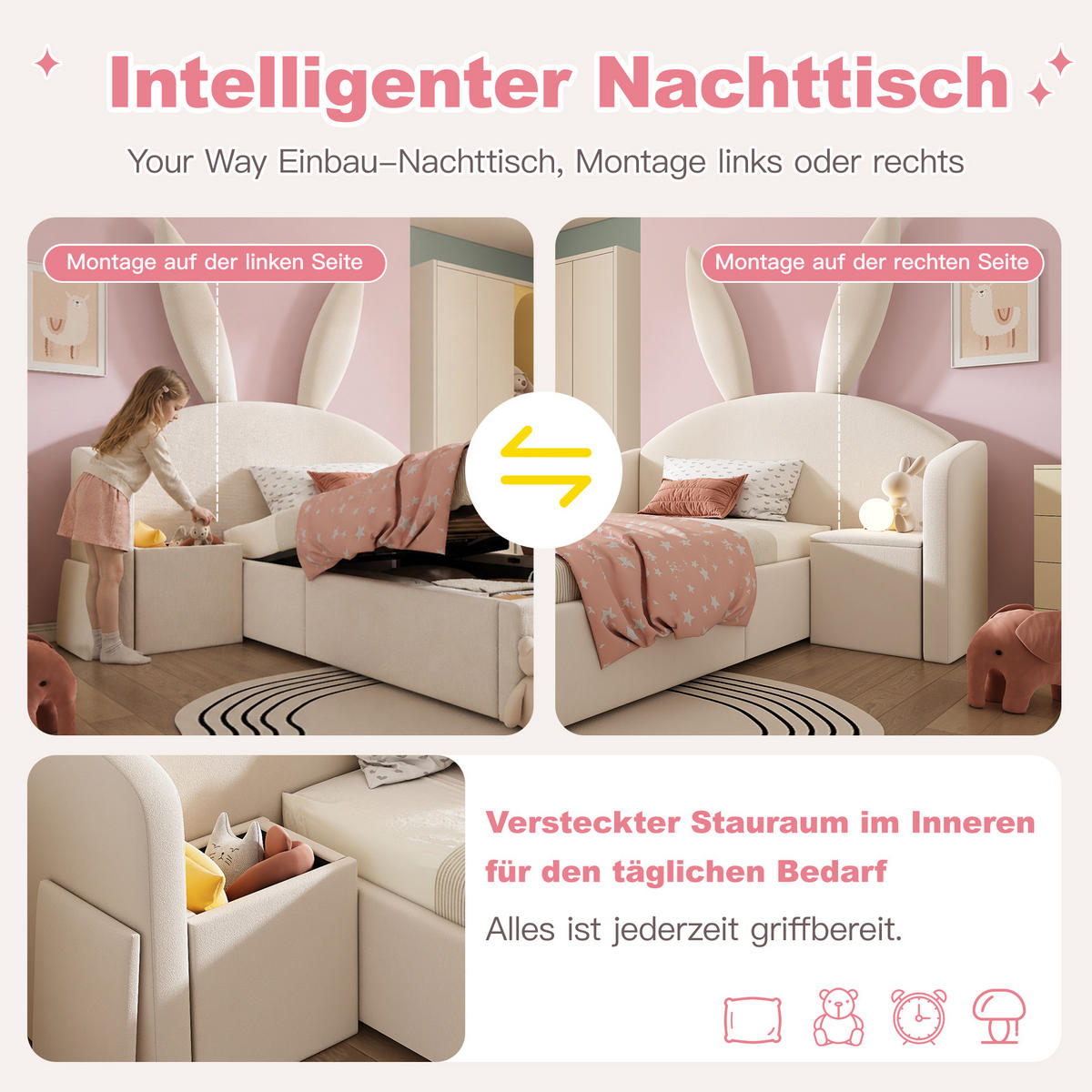 JUGENDBETT 90/200 cm in Beige Samt mit Bettkasten und Nachttisch - Beige, Holzwerkstoff/Textil (90/200cm) - WISHDOR