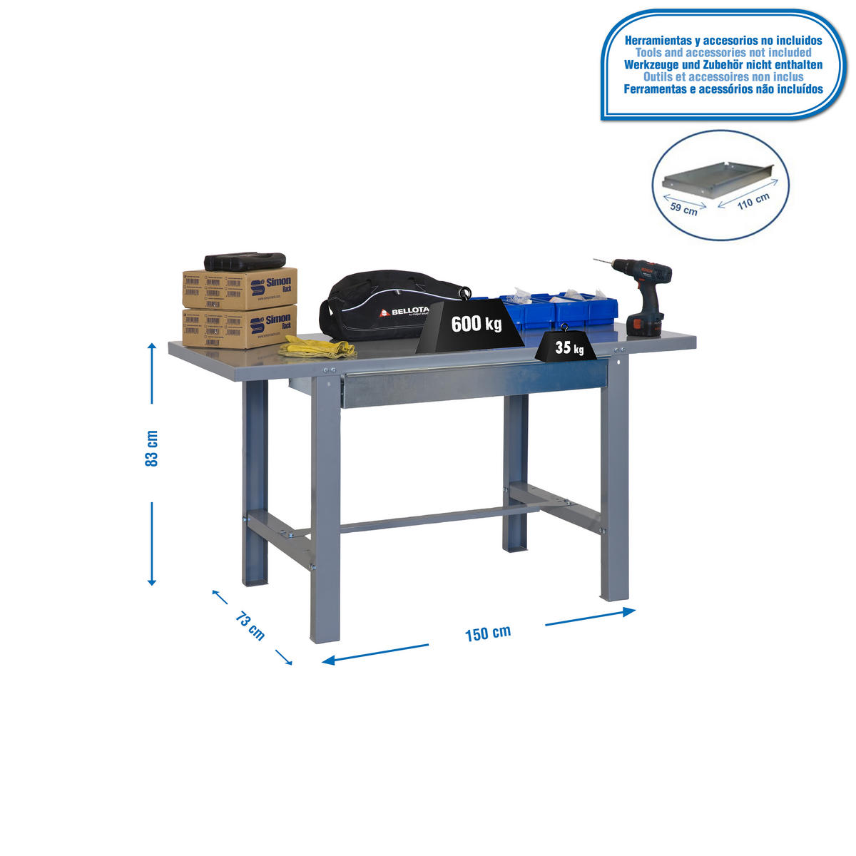 WERKBANK BUFFALO METAL mit Schublade | HxBxT 83x150x73cm | Traglast 600kg | Grau - Grau, Metall (150/83/73cm) - PROREGAL