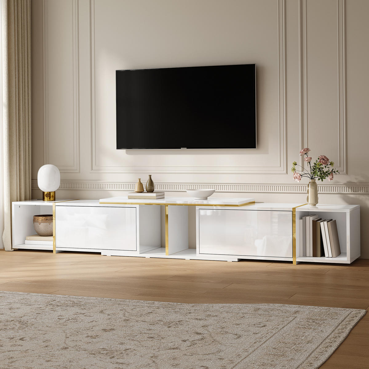 TV-LOWBOARD ausziehbar 275 x 35 x 37 cm, Spanplatte, Hochglanzfronten, Weiß - Weiß, Holzwerkstoff (275/37/35cm)