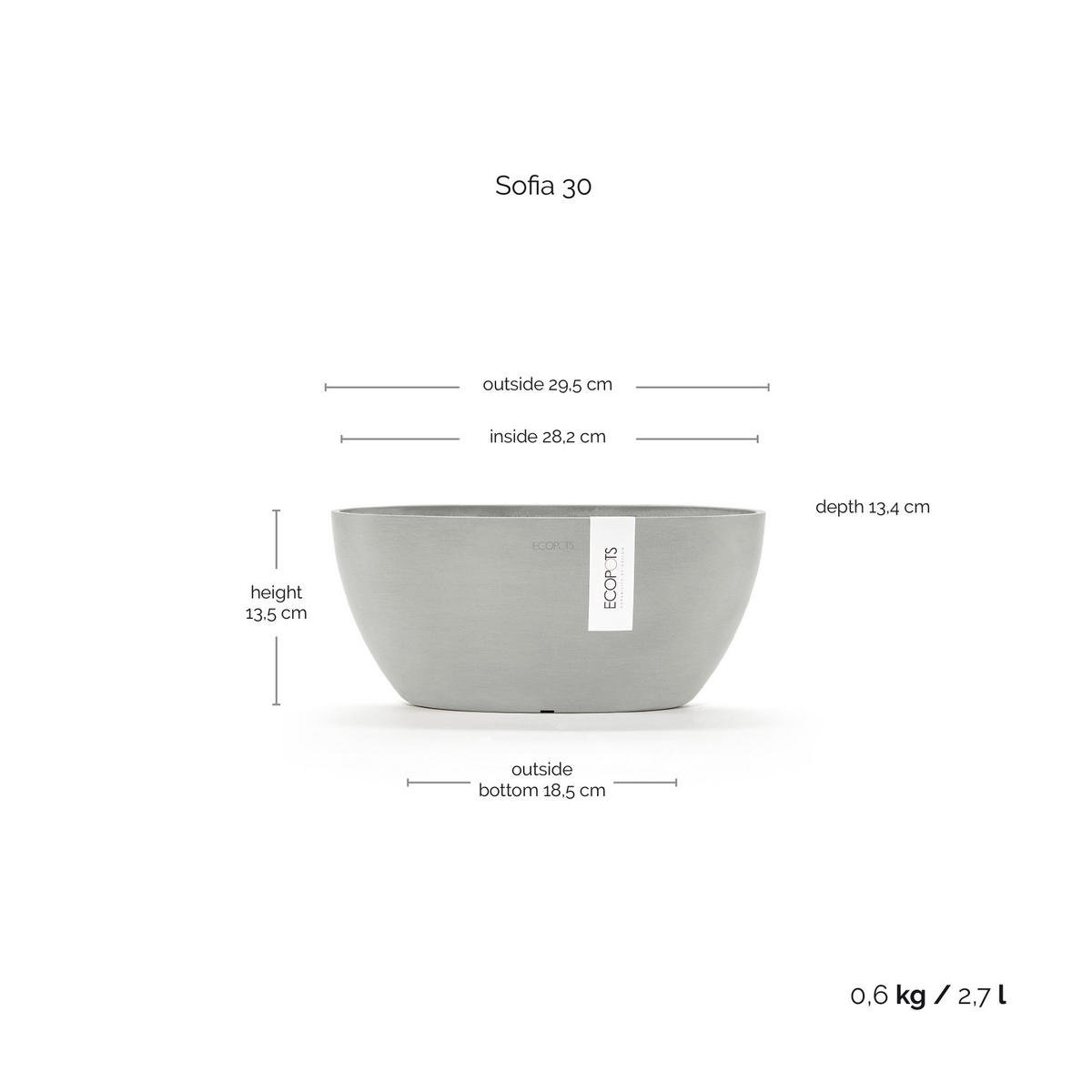 BLUMENTOPF Sofia 29,5/13,5 cm Hellgrau - Hellgrau, Kunststoff (29.5/13.5cm) - Ecopots
