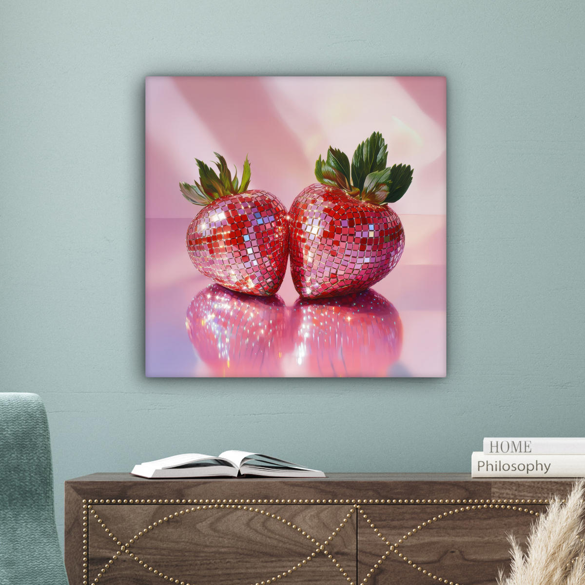 LEINWANDBILD Disco - Obst - Glitzer - Erdbeere 50x50 cm - Pink, Textil (50/50cm) - MuchoWow