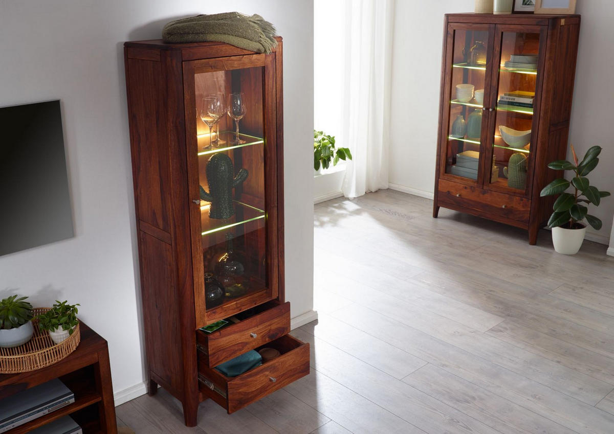 VITRINE Sheesham 60x40x178 walnuss geölt BROOKLYN #26 - Dunkelbraun, Holz (60/178/40cm) - Massivmoebel24