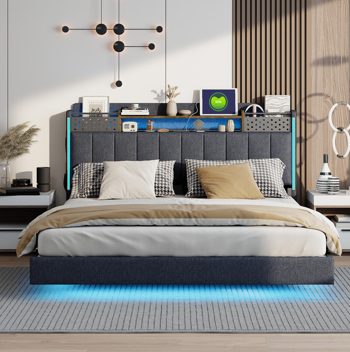 ČALÚNENÁ posteľ z ľanovej látky 160x200 cm sivá s LED osvetlením, USB portom a úložným čelom - sivá, textil (160/200cm) - Modfu