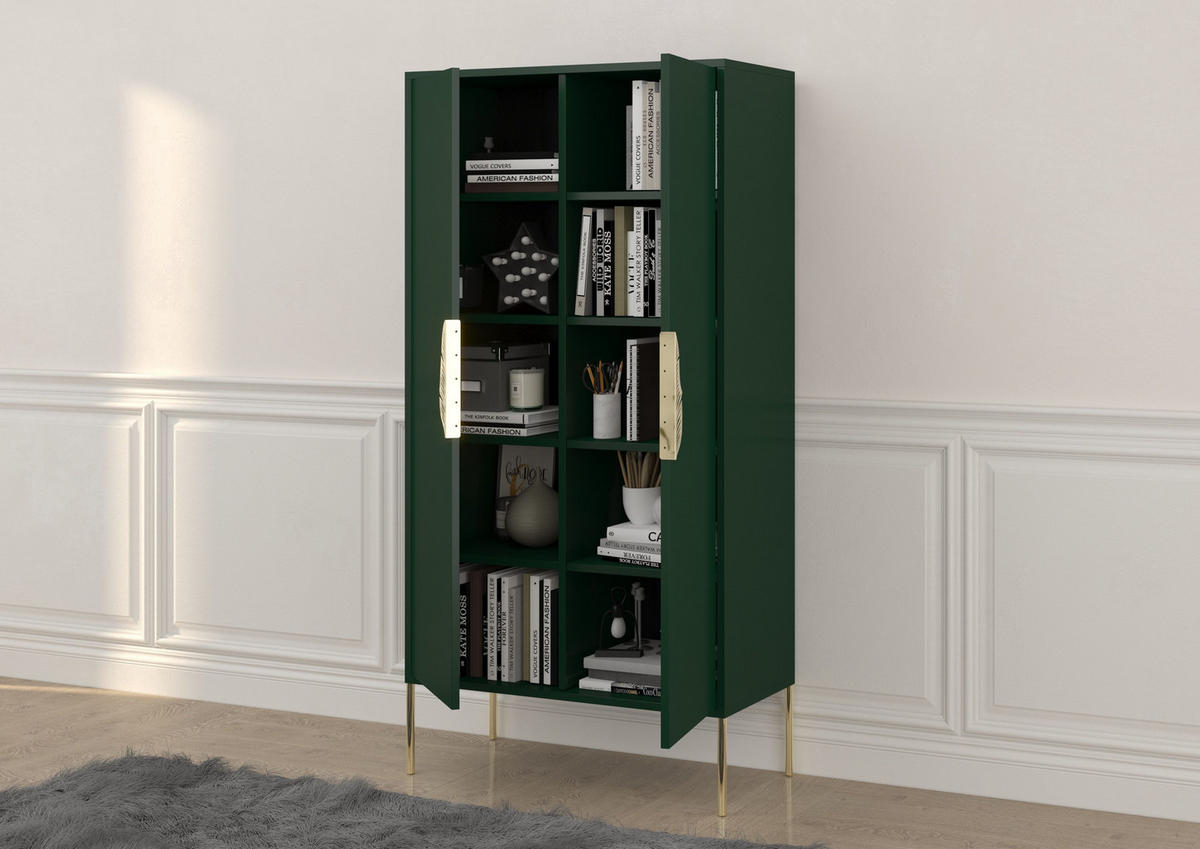 HIGHBOARD Merlin, Grün, Goldene Details - Dunkelgrün/Goldfarben, Holzwerkstoff/Metall (80/160/40cm) - Skandica