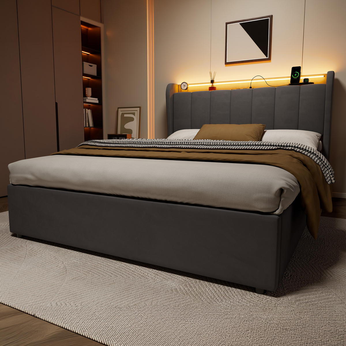 ČALOUNĚNÁ postel 140x190 cm tmavě šedá ze sametu s LED osvětlením, hydraulickým úložným boxem a nabíjecím konektorem - tmavě šedá, textil (140/190cm) - OKWISH
